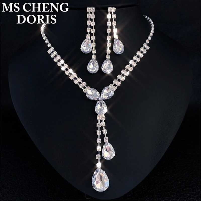 Water Drop Diamond Long Pendant Fl Crystal Silver Plated Necklace and Earrings Elegant Wedding Jewelry Set X241106