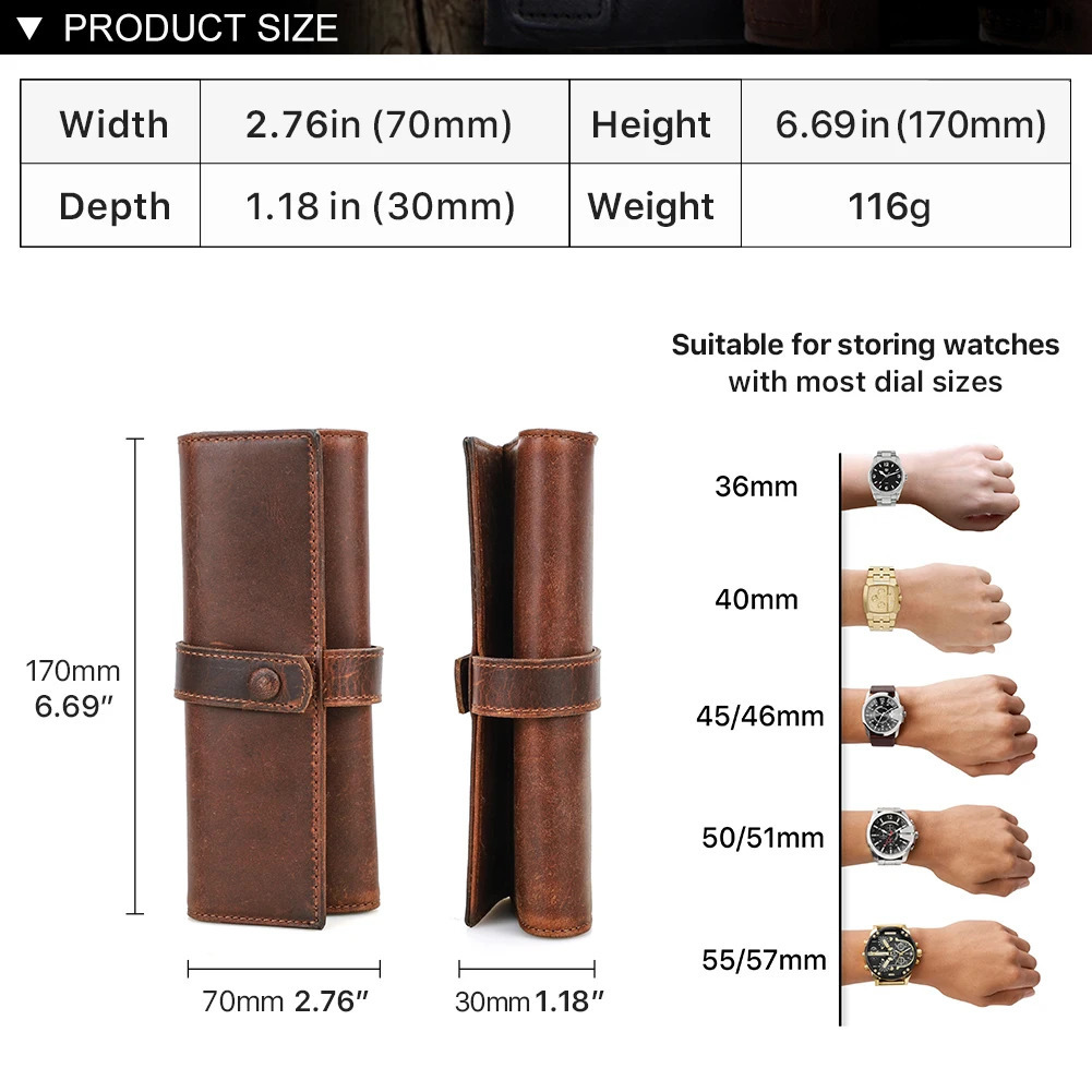 Full grain oil leather 2-groove watch roll storage adjustable shell portable travel watch bag metal buckle ultra-fine fiber lining 241105