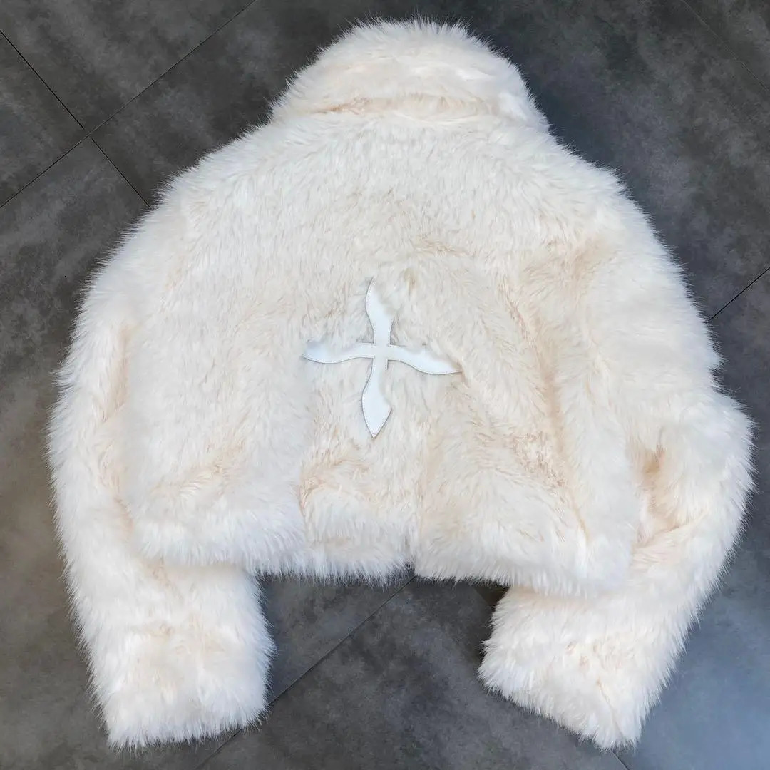 Winter Women Jacket Lapel Long Sleeve Patch PU Cross Fur Cotton Coat 241104
