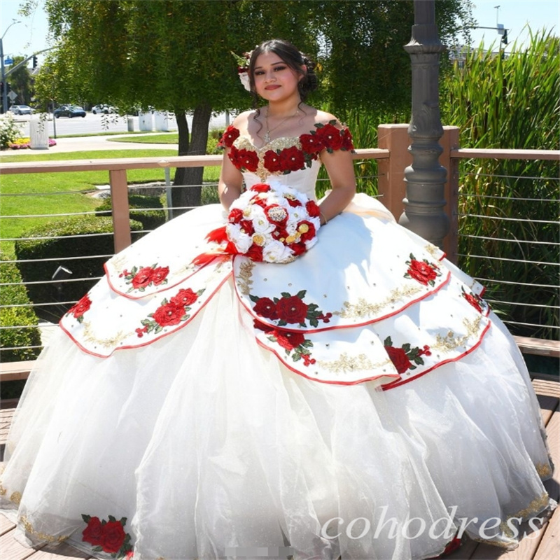Ball Gown White Charro Quinceanera Dresses Debutante Cap Sleeves Rose Flowers Mexican Vestidos De 15 Xv Anos Puffy Tulle Tiered Sweet 16 Dress Elegant