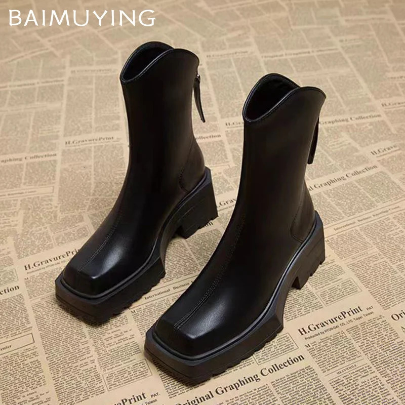 Platform Women Snow Ankle Boots Mid Heels Retro Shoes Square Toe Motorcycle Boots Trend Winter Leather Chunky Botas Mujer 241106