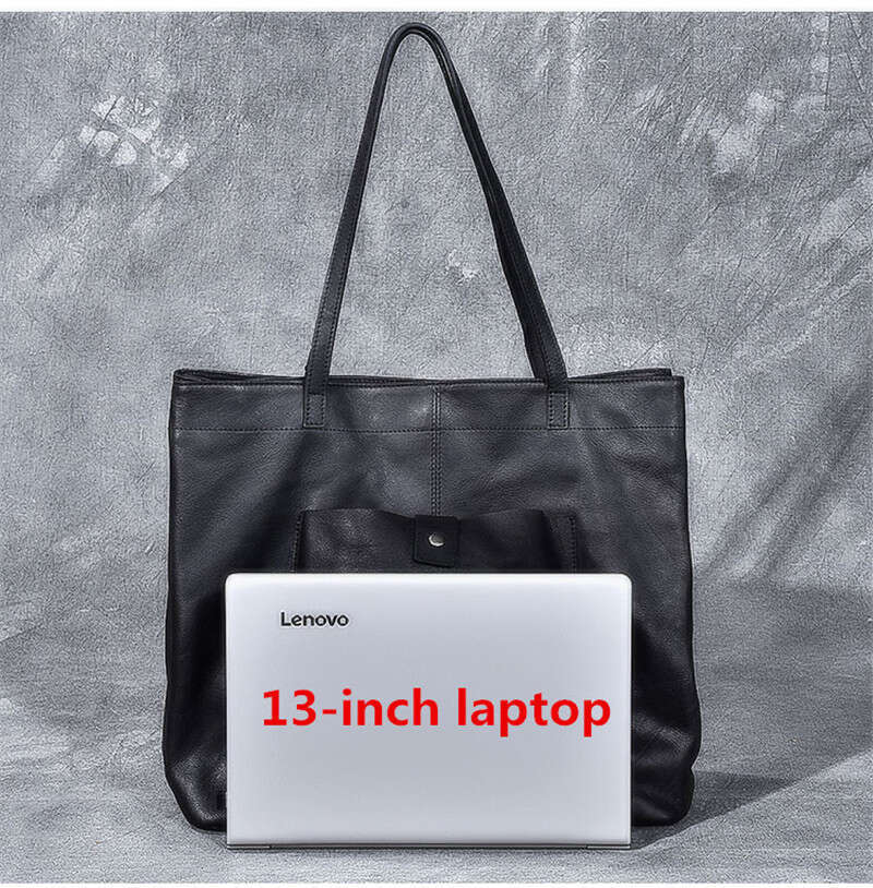 Genuine Leather Large Capacity Black Tote Men's Handbag Casual Real Cowhide Women's Work Travel Shopping Shoulder Bag