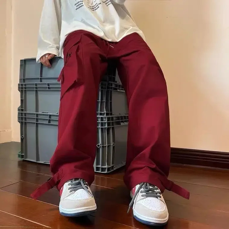 Trendy American Style Casual Pants For Men Loose Fit Straight Leg Hip Hop Summer Pants Fashion Red Cargo 241106