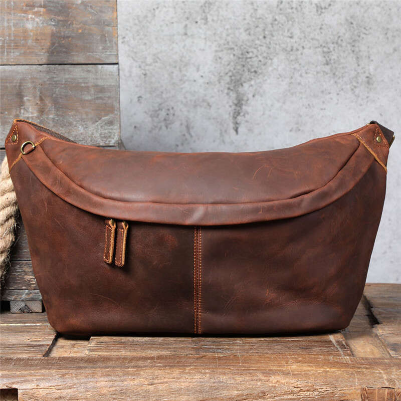 Natural Genuine Leather Super Large Capacity Men's Chest Vintage Designer Crazy Horse Cowhide Big Shoulder Crossbody Bag