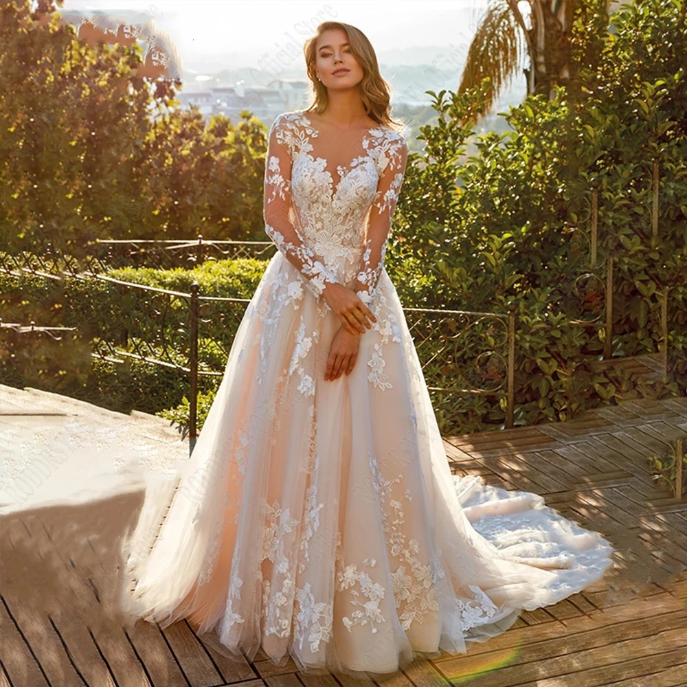 Lace A-E Elegant Wedding Dress 2025 Long Sleeves Applique O-Neck Button Tulle Bridal Bride Gown Robe Mariage Vestidos De Novia