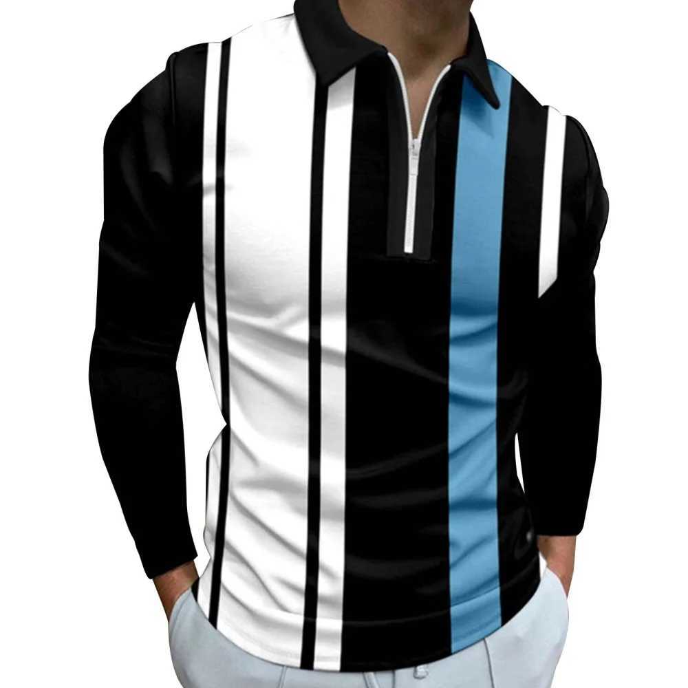 Mens T-shirt Fashion Stripe Printed Casual Sports Collar Shirt Mens Top Strt Zipper Mens Long Sve T-shirt W241106