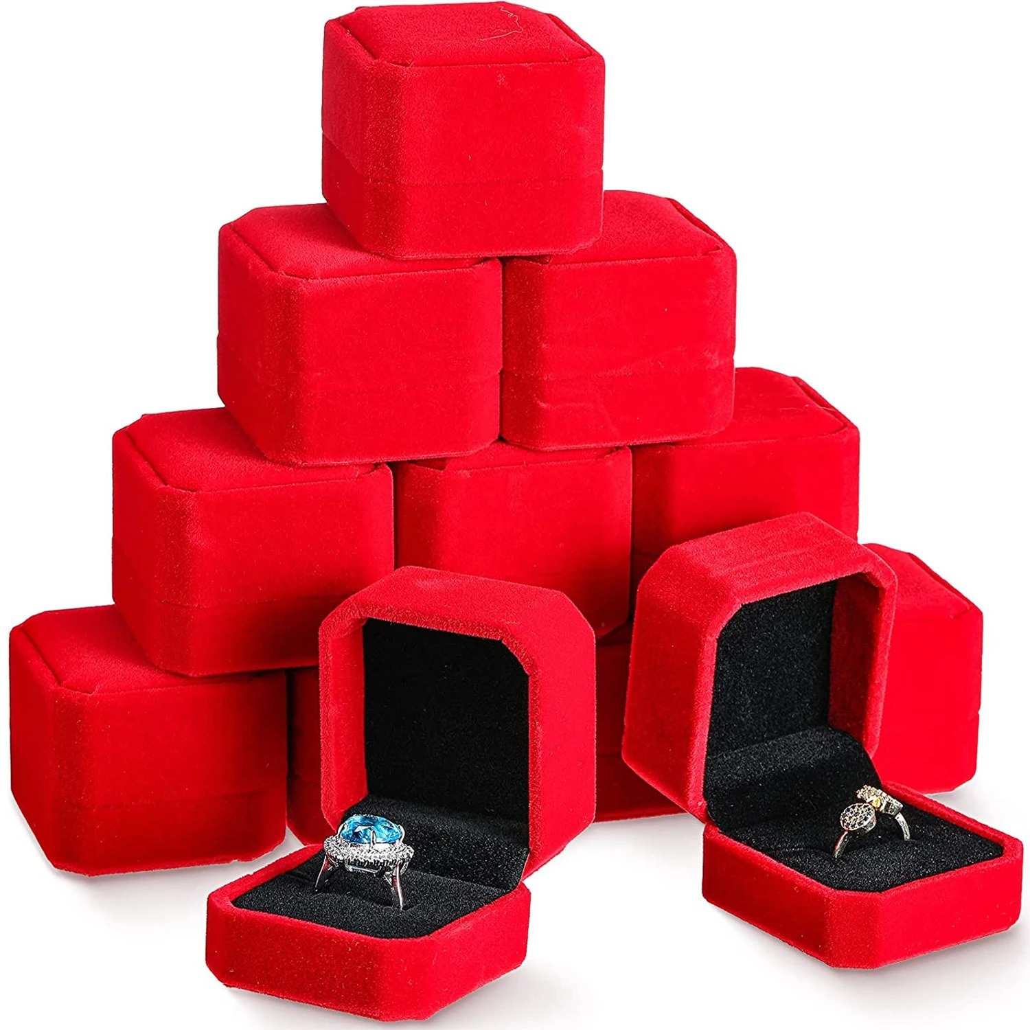 12 square red velvet ring boxes pearl treasure boxes storage organizer gifts earring packaging boxes portable travel wedding wholesale 241106