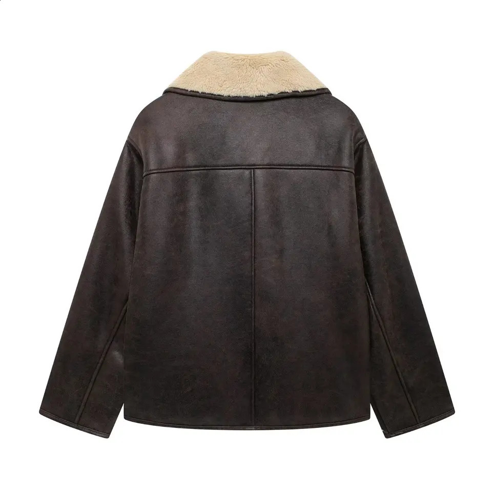 RZRA Womens AutumnWinter coat lapel singlebreasted pockets to dress up chic short leather jacket 241105