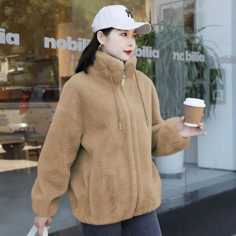 Women Winter Double Coral Fleece Warm Coat Stand Collar Plush Thick Overcoat Female Fashion Casual Long Sleeve Zipper Clothes 241106
