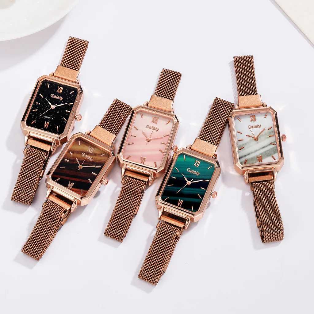 2-piece Wen Watch Fashion Square Womens Quartz Watch Bracelet Simple Rose Gold Mesh Luxury Wen Watch Relogio Feminino X241106
