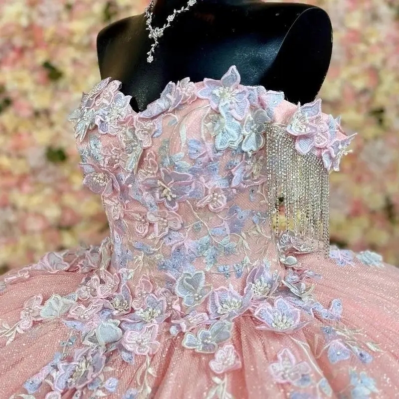 Pink Shiny Princess Quinceanera Dresses Ball Gown Off The Shoulder Tulle Appliques Lace Beads Tull Party Birthday Sweet 16 Dress 15 Anos Mexican