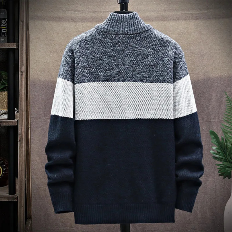 2024 Winter Men Sweater Knit Cardigan Fashion Patchwork Stand Collar Mens Slim Casual Zipper Knitted Thick Warm Sweatercoat Man 241106