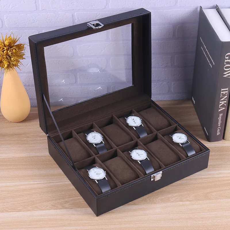 6/10/12 Girl Pu Leather Grey/Coffee Watch Organizer Glass Box Storage Box Travel Watch Display Watch and Jewelry 241105