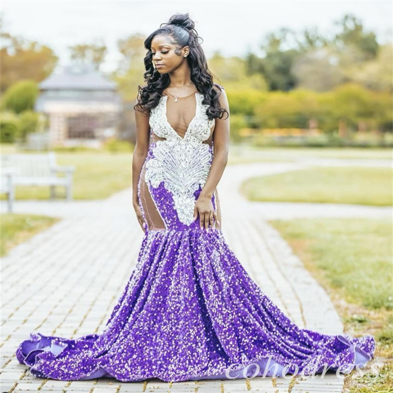 Luxury Purple Prom Dresses For Black Girls Rhinstone Crystal Mermaid Sequin Evening Gowns Plus Size Women Birthday Party Gowns Pageant Vestio De Noche