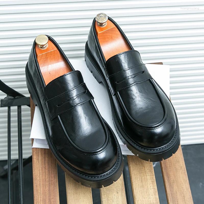 Casual Shoes Man Black Loafers Leather Solid Color Thick Soled Fashion Round Toe Daily Wedding Dress Party Faux Suede