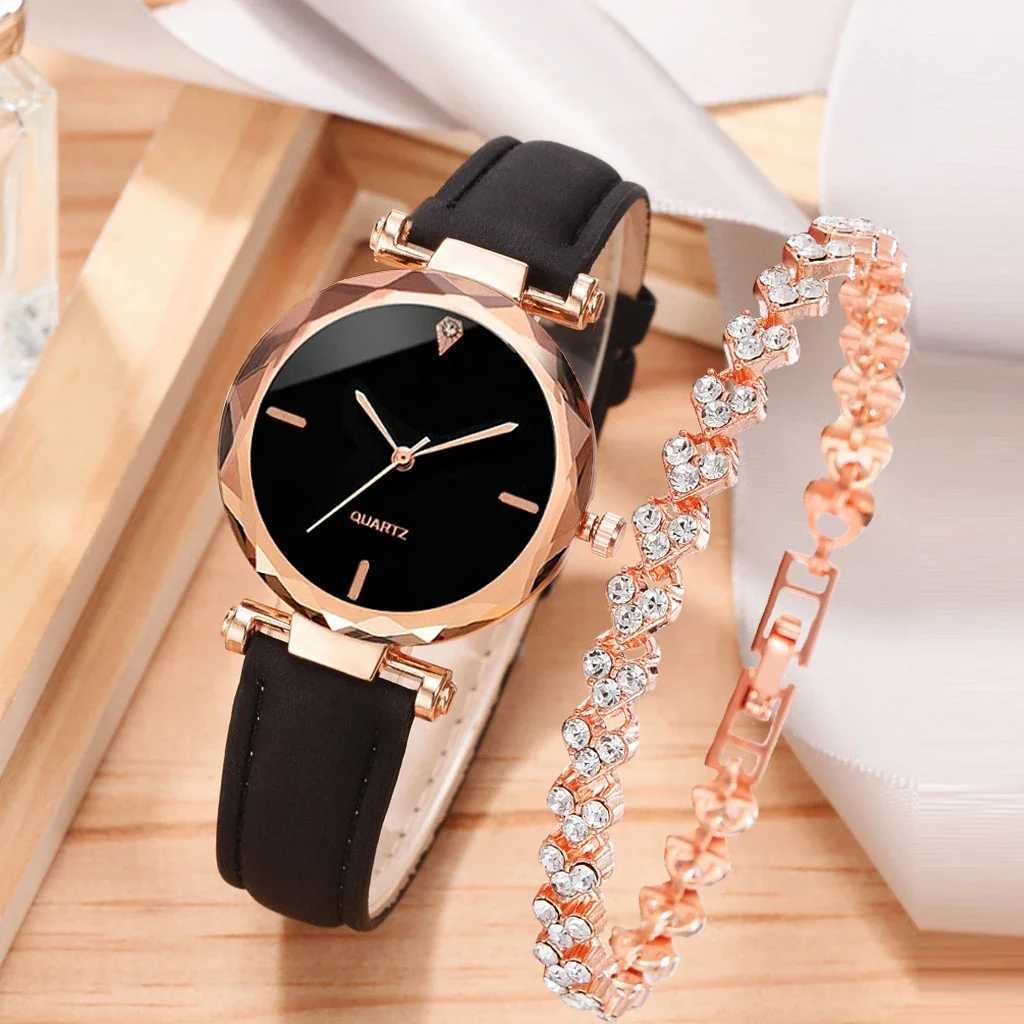 2-piece luxury fashion watch set with PU leather strap womens quartz watch Rhinestone rose gold alloy bracelet womens gift X241106
