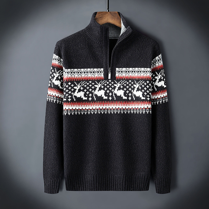 Men Autumn New Casual Jacquard Warm Half Zip Christmas Sweater Cardigan Jacket Men Winter Vintage Mock Neck Sweater Pullover Men 210930