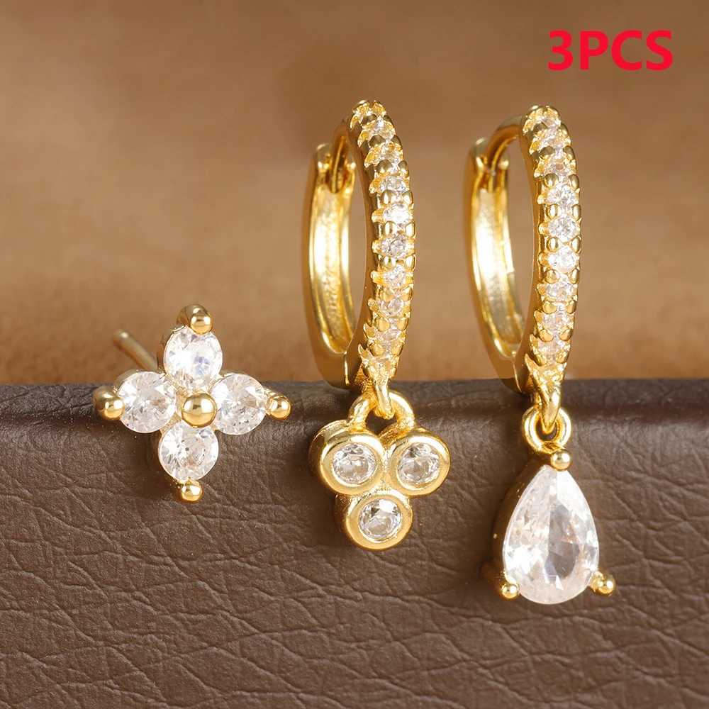 3-piece retro stainless steel flower hug ring earring set suitable for perforated fashion jewelry in text black white and zircon cardboard boxes X2411