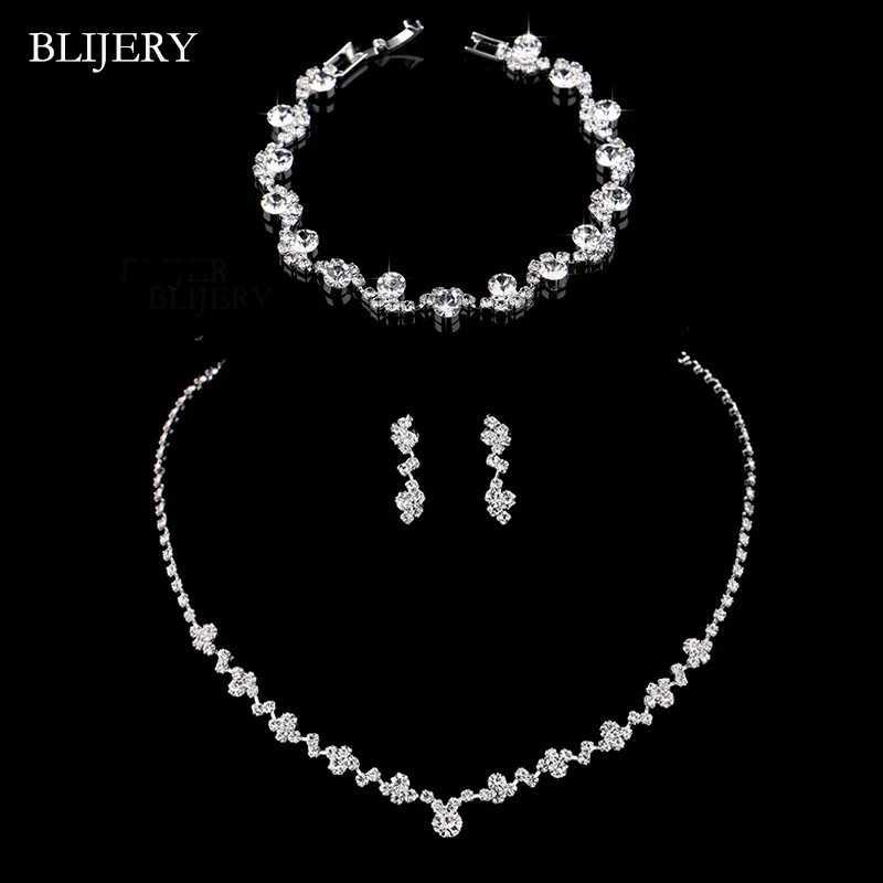 BLIJRY Fashion Crystal Bridal Jewelry Set Silver Geely Necklace Earrings Bracelet Wedding Jewelry Set X241106