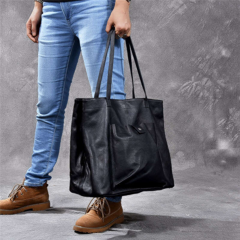 Genuine Leather Large Capacity Black Tote Men's Handbag Casual Real Cowhide Women's Work Travel Shopping Shoulder Bag