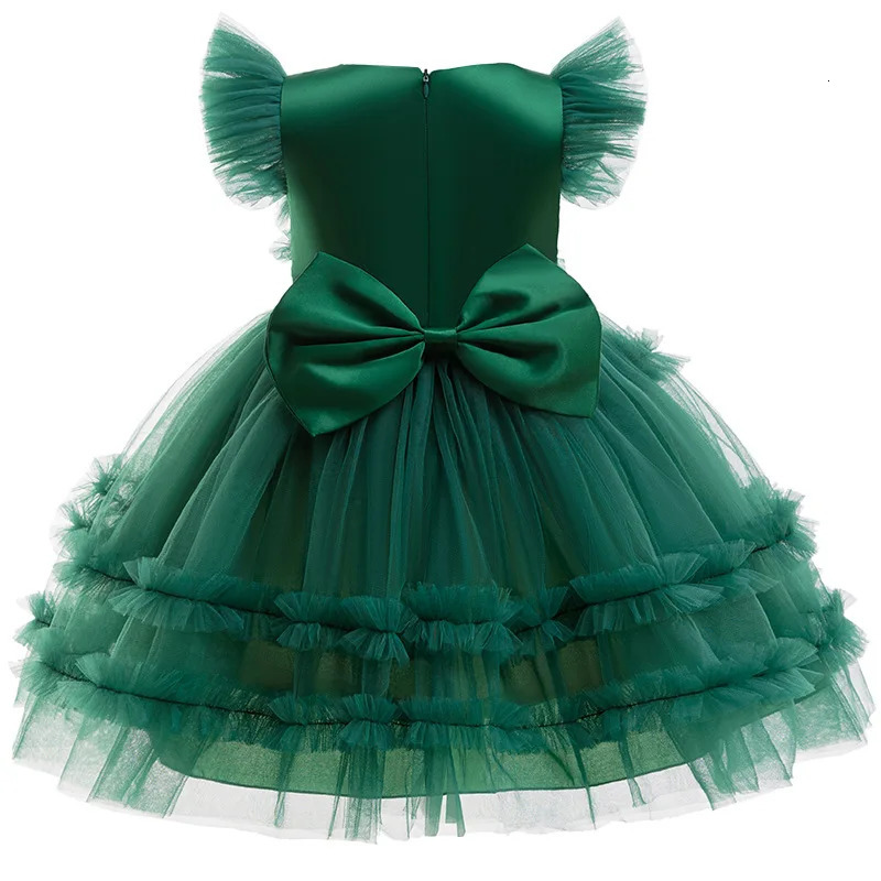 Christmas Girls Bow Polka Dot Applique Mesh Fly Sleeve Princess Dress School Party Fashionable Solid Color Evening Dress 241106