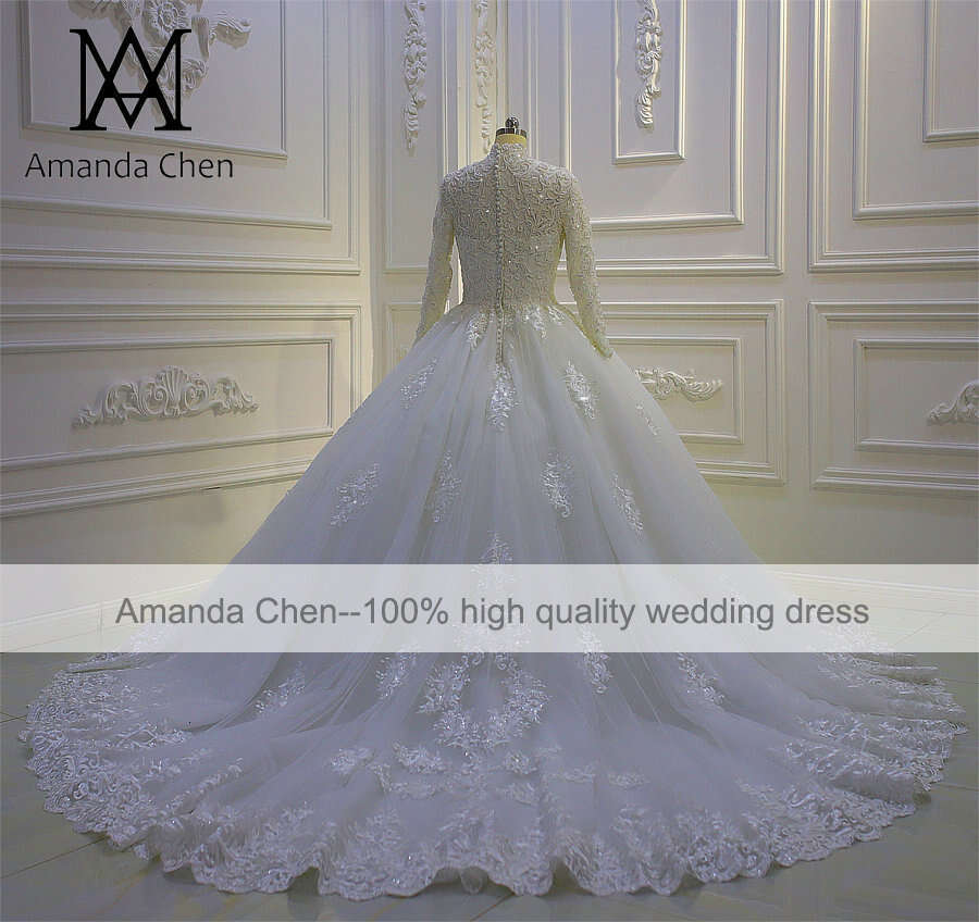 robe blanche High Neck Long Sleeve Lace Applique Pearls Muslim Wedding Dress