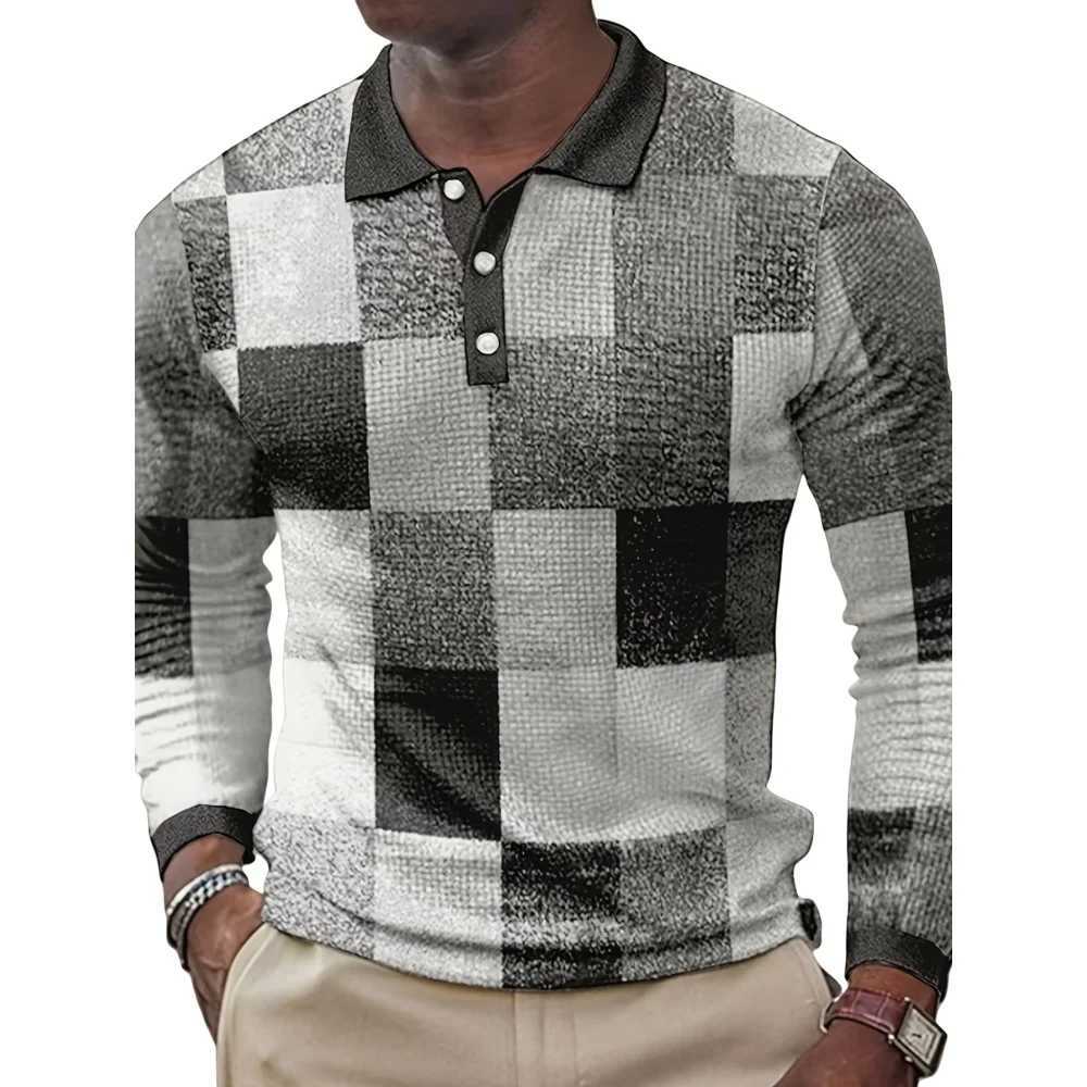 Mens plain weave retro printed Strt fashionable lapel long Sves top outdoor sports button mens T-shirt W241106