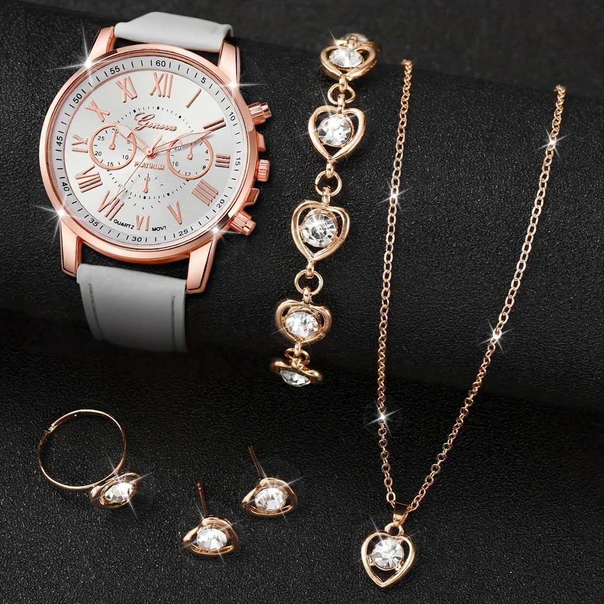 6 pieces/set of Wens watches casual and fashionable quartz watches simulated PU leather watches and jewelry sets as a gift for M X241106