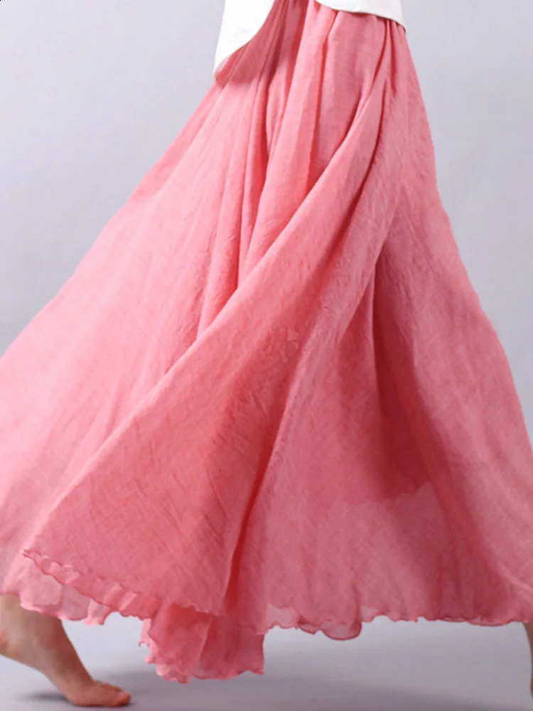 Womens Elegant High Waist Linen Maxi Skirt Summer Ladies Casual Elastic 2 Layers Skirts saia feminina 240323
