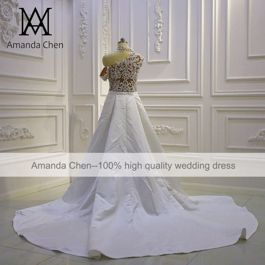 Halter One Shoulder Lace Wedding dress with Removable Skirt