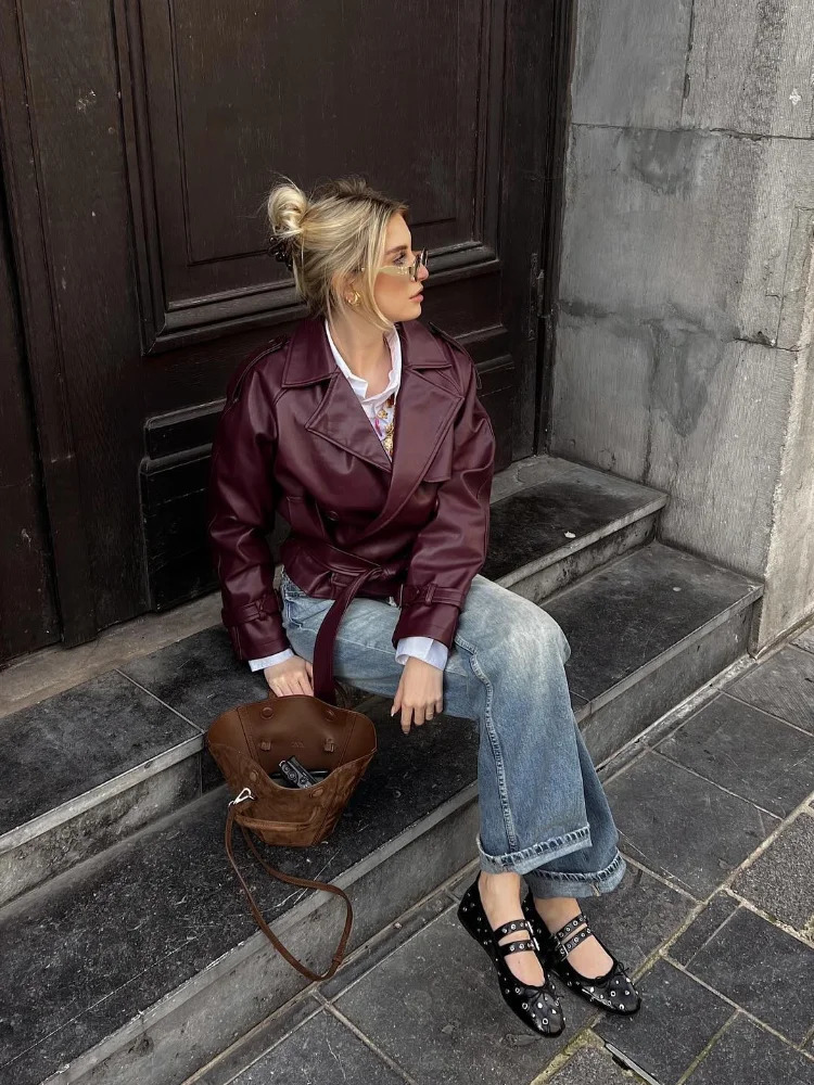 Fashion Women Autumn Solid Short Leather Jacket With Belt Elegant Lapel Long Sleeves Cropped Coat Chic Lady Commuting Outerwear 241106