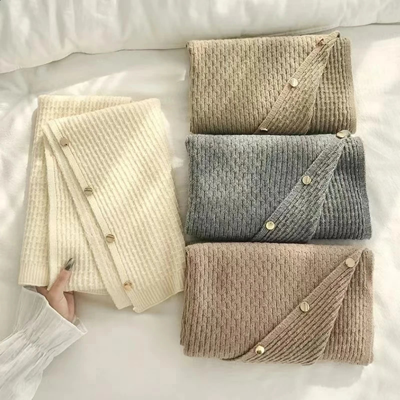 Warm Knitted Plain Color Scarf Thick Single Breasted Wool Shawl Wrap Women Cape Open Side Woven Cardigan Poncho Stole 241105