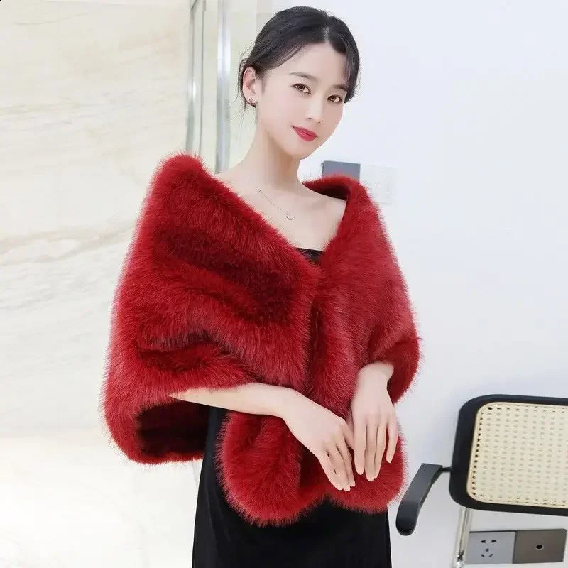 Autumn Women Open Stitch Solid Color Shawls with Faux Fur Flocking Short Cape Female Winter Pashmina Wraps T299 241105