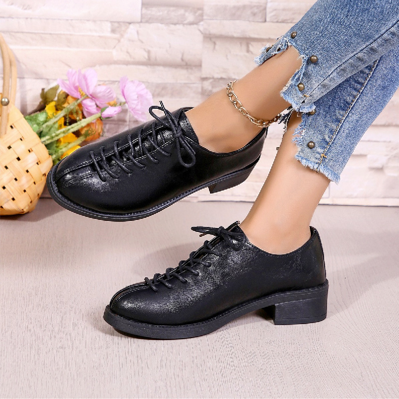2024 Spring and Autumn British casual small leather shoes, low heel strap women's singles shoes, round toe simple soft leather block shoes
