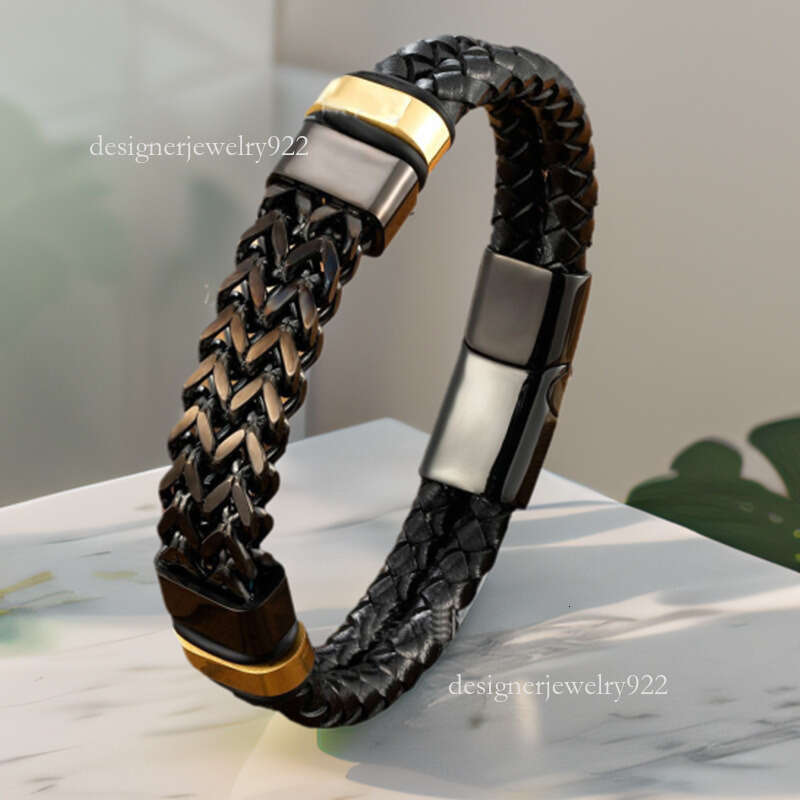 leather designer bracelet stainless steel magnet buckle double splicing front and back button chain double-layer woven jewelry