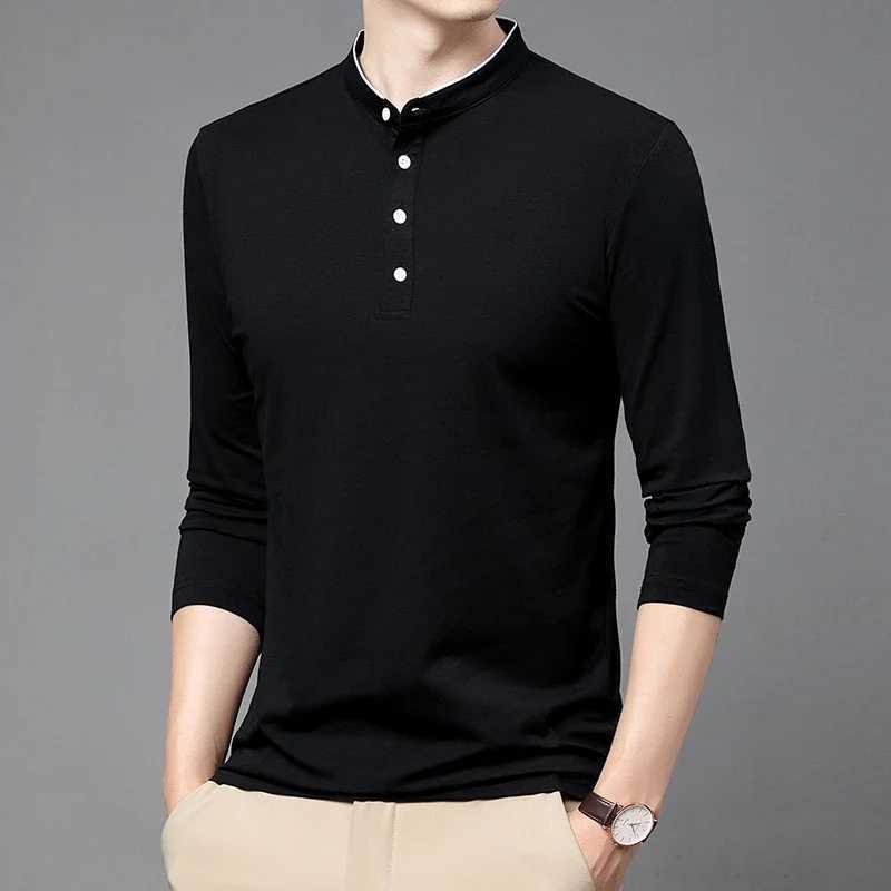 New mens business casual long Sved solid color cotton stand up collar shirt fashionable and breathable Versatile top W241106