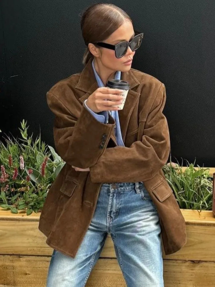 Vintage Brown Womens Jacket Classic Casual Turndown Collar Jackets Autumn Winter Fashion Women Coat Retro Solid Color Outerwear 241106