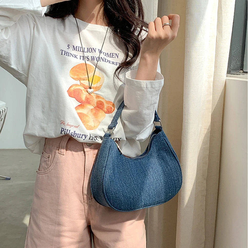 Fashion denim womens handbag canvas shoulder bag small phone flip wallet high-quality womens armrest bag model 241105