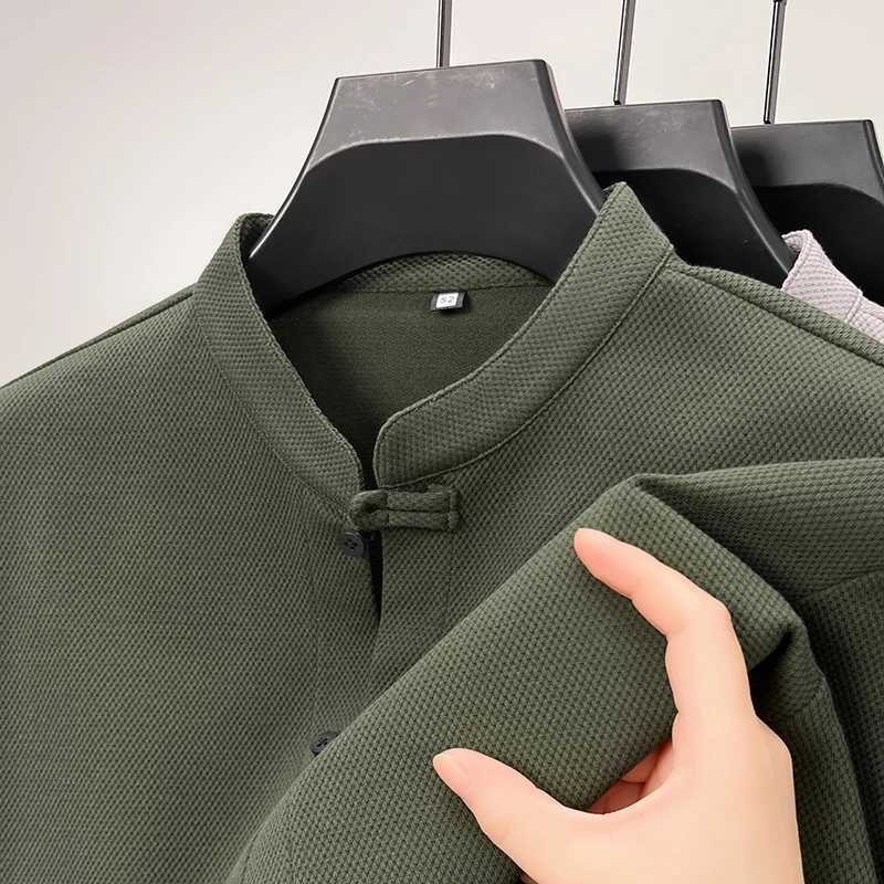 High quality long Sved mens stand up collar shirt with Chinese style design and customized button down T-shirt W241106