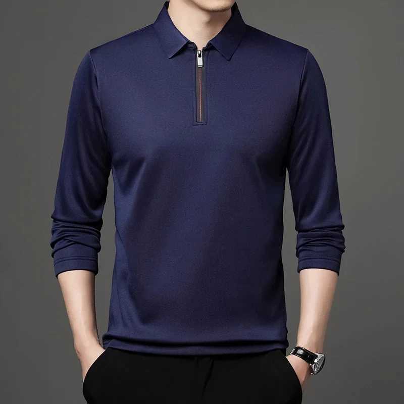 Solid color long Sve shirt fashionable zipper mens collar cotton collar long Sve T-shirt W241106