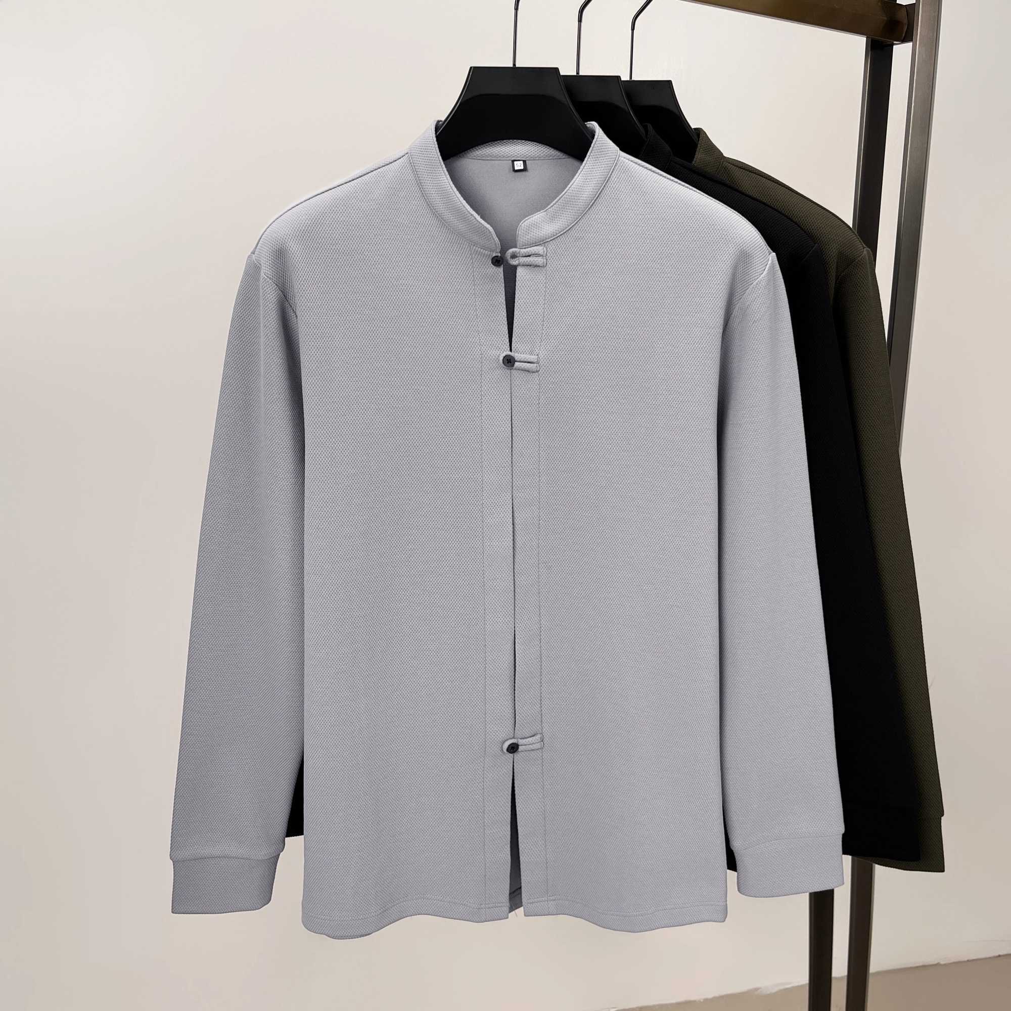 High quality long Sved mens stand up collar shirt with Chinese style design and customized button down T-shirt W241106