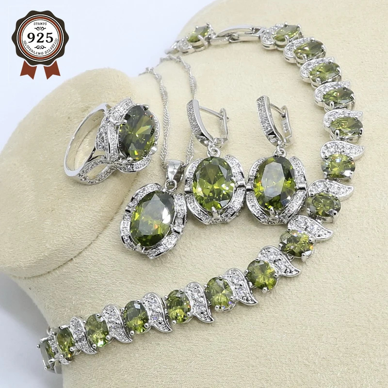 Green Peridot Zircon 925 Silver Jewelry Set Womens Bracelet Earrings Necklace Rings Birthday Gift 241106