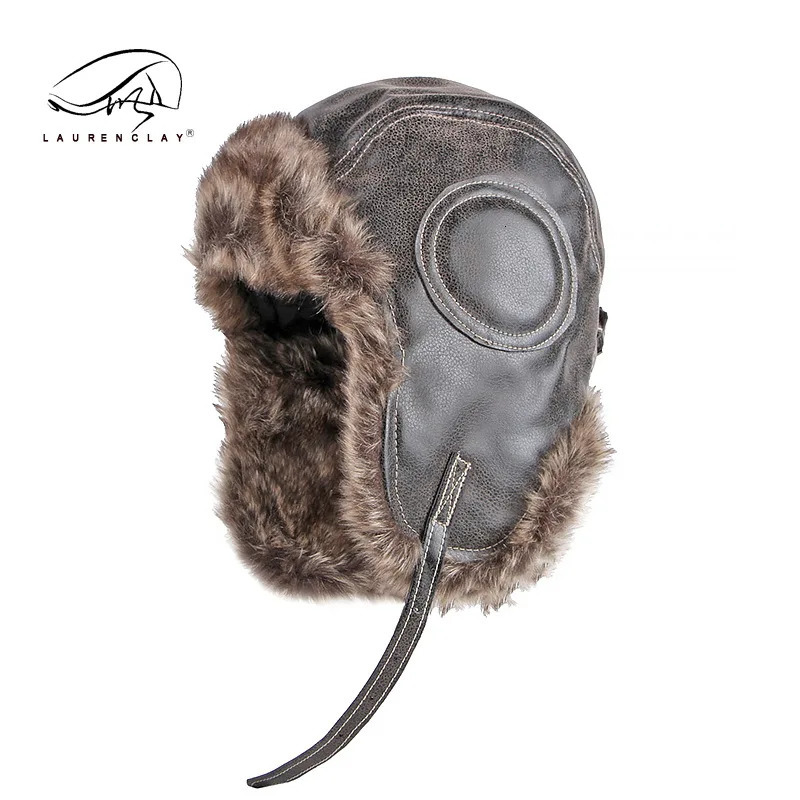 Russian Hunter Soviet Ushanka Bomber Hat Knitted Leather Earrings Fur Lining Mens Winter Hat 241106