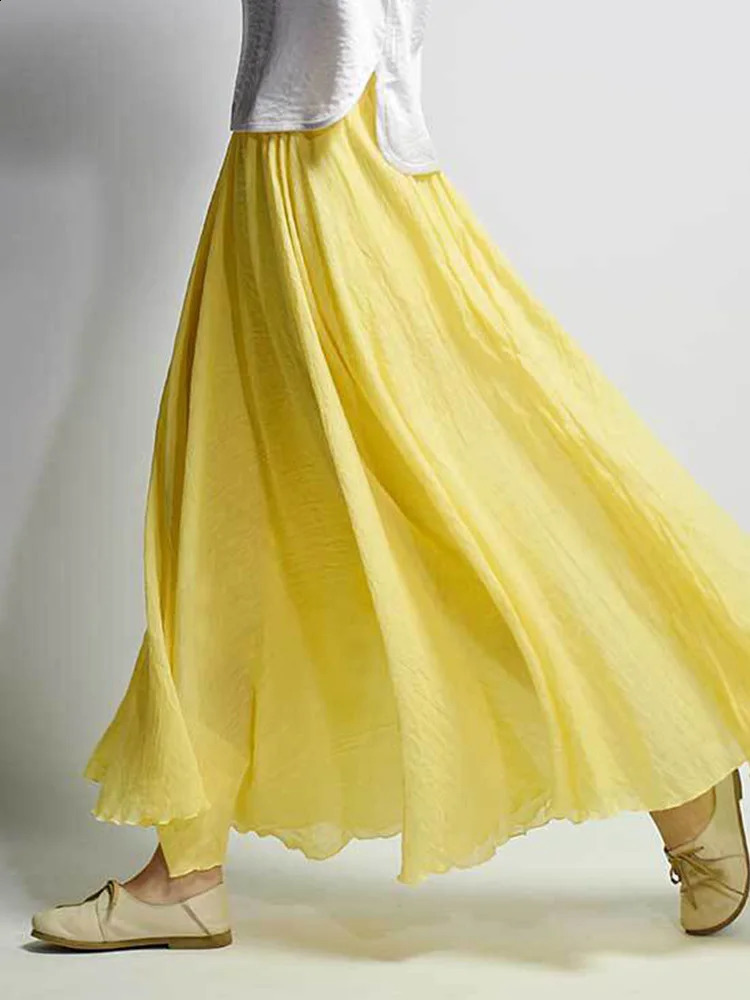 Womens Elegant High Waist Linen Maxi Skirt Summer Ladies Casual Elastic 2 Layers Skirts saia feminina 240323