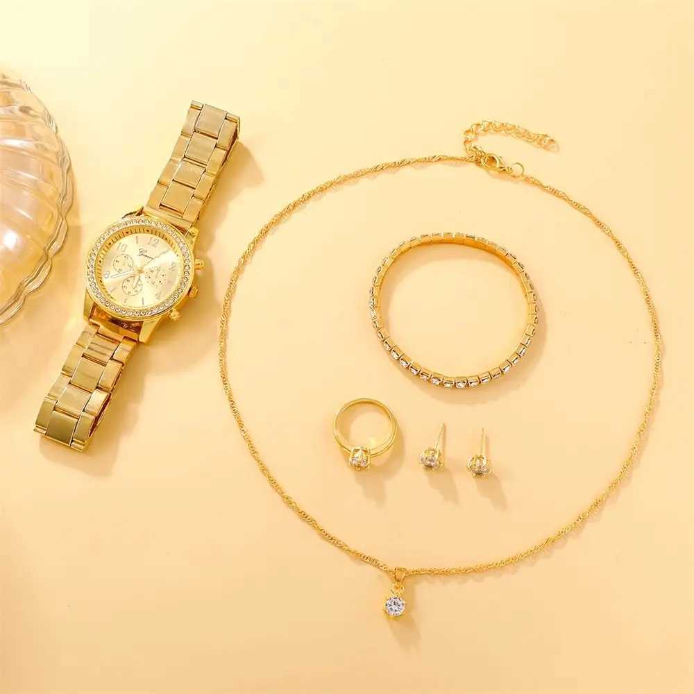 6-piece luxury watch necklace earrings rhinestones fashionable watch casual womens watch bracelet set clock X241106