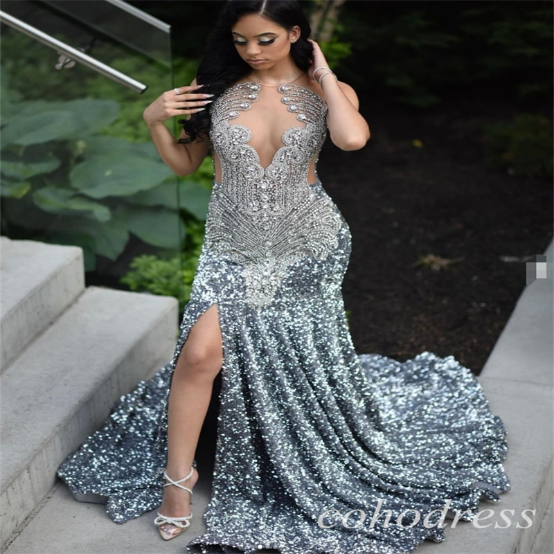 Luxury Gray Sequin Prom Dresses Sparkly Mermaid Slit Glitter Birthday Dress Mermaid Rhinestone Beaded Black Women Evening Dress Vestio De Fiesta 2025