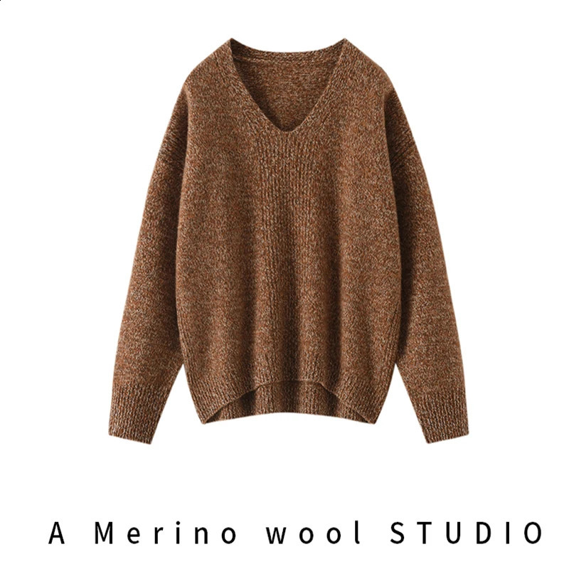 100 Merino Wool Womens Sweater AutumnWinter Knit Long Sleeve Pullover VNeck Loose Soft Fashion Flower Yarn Maillard Sweaters 241105
