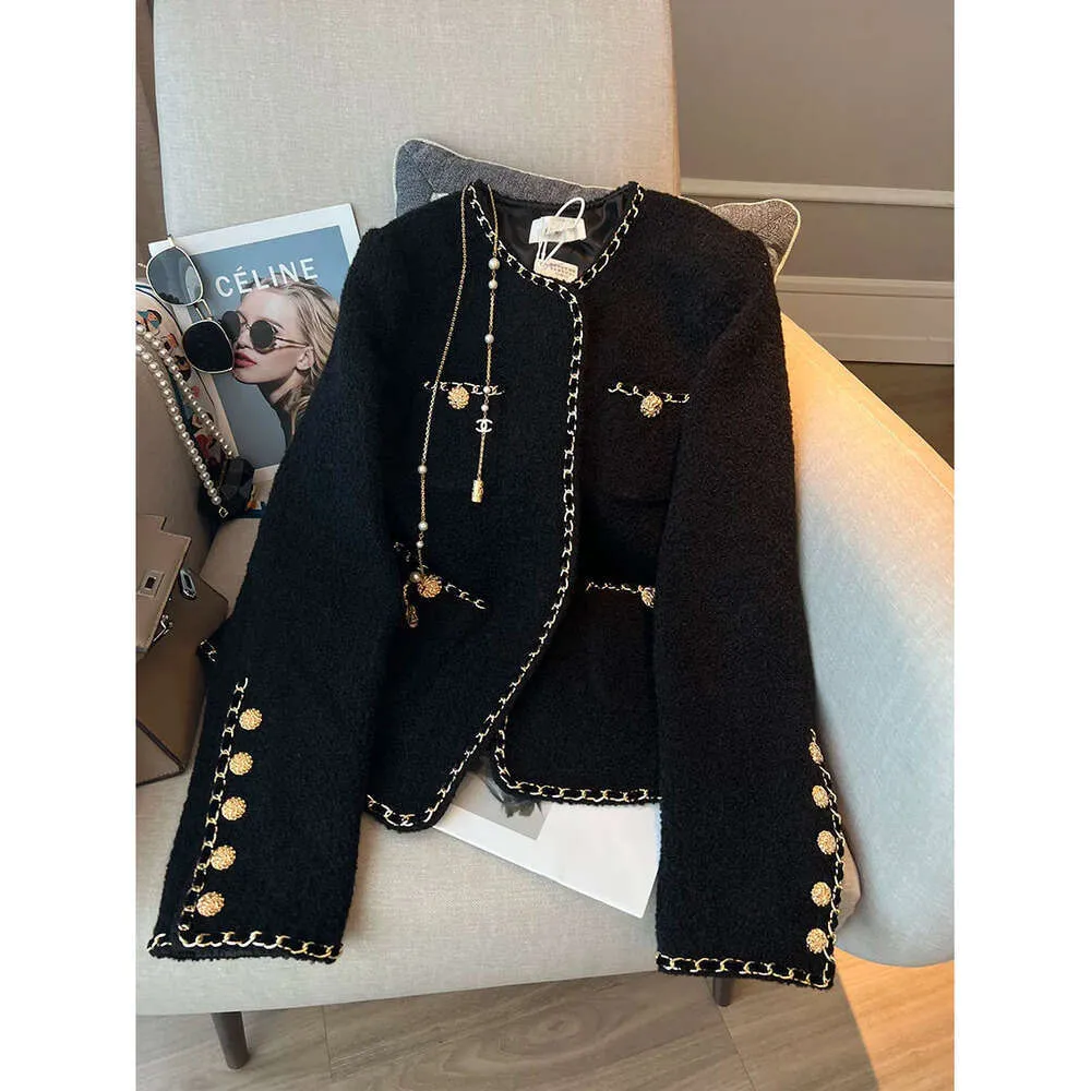 New Designer Popular Beautiful Chic Short Fragrance Black Woven Gold-Rimmed Round Neck Suit Jacket Women's Winter Autumn Blazers