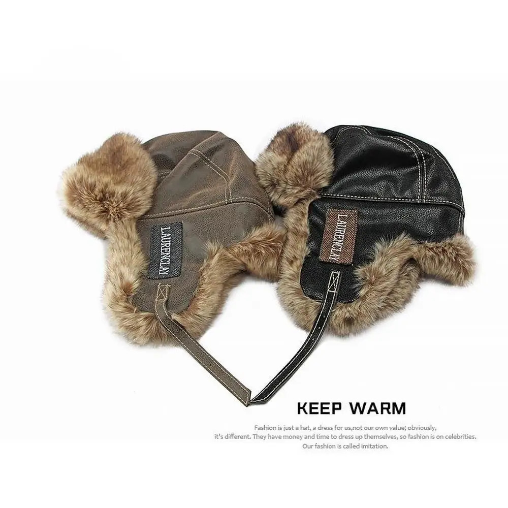 Winter Mens Ear Hood Bomber Hat Artificial Leather Thick Plush 54-60cm Retro Pilot Style Outdoor Warmth YF0201 241106