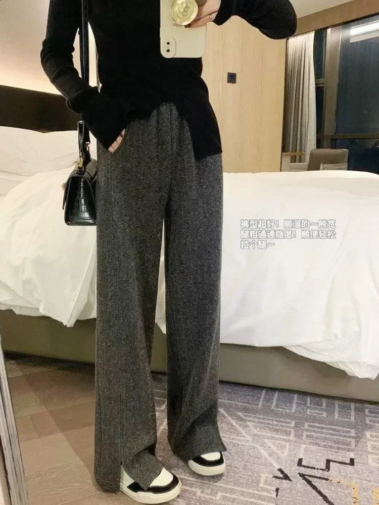 Women Pants Autumn Winter Thickening High Waisted Wool Wide Leg Pant Fashion Chevron Lengthening Opening Floor Length 241105